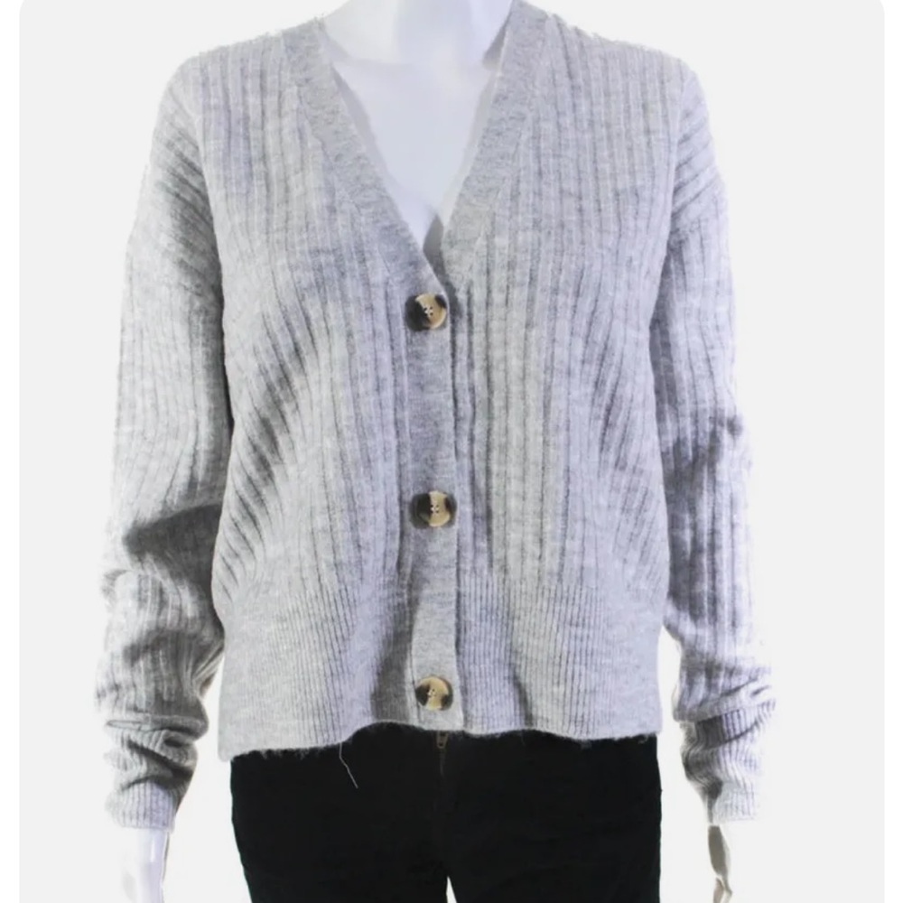 Buffalo David Bitton Womens Ribbed Knit Button Up Cardigan Sweater Gray